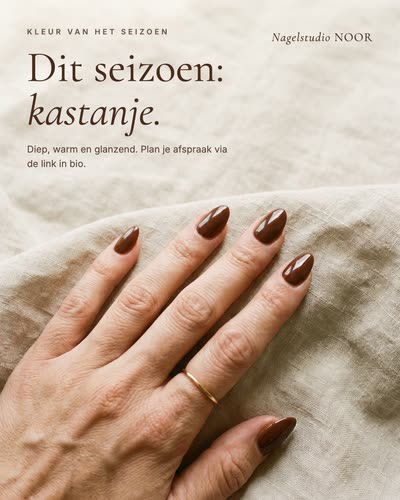 Een hand met glanzende kastanjebruine nagels op linnen, met de tekst: Kleur van het seizoen. Dit seizoen: kastanje. Diep, warm en glanzend. Plan je afspraak via de link in bio. Nagelstudio Noor.